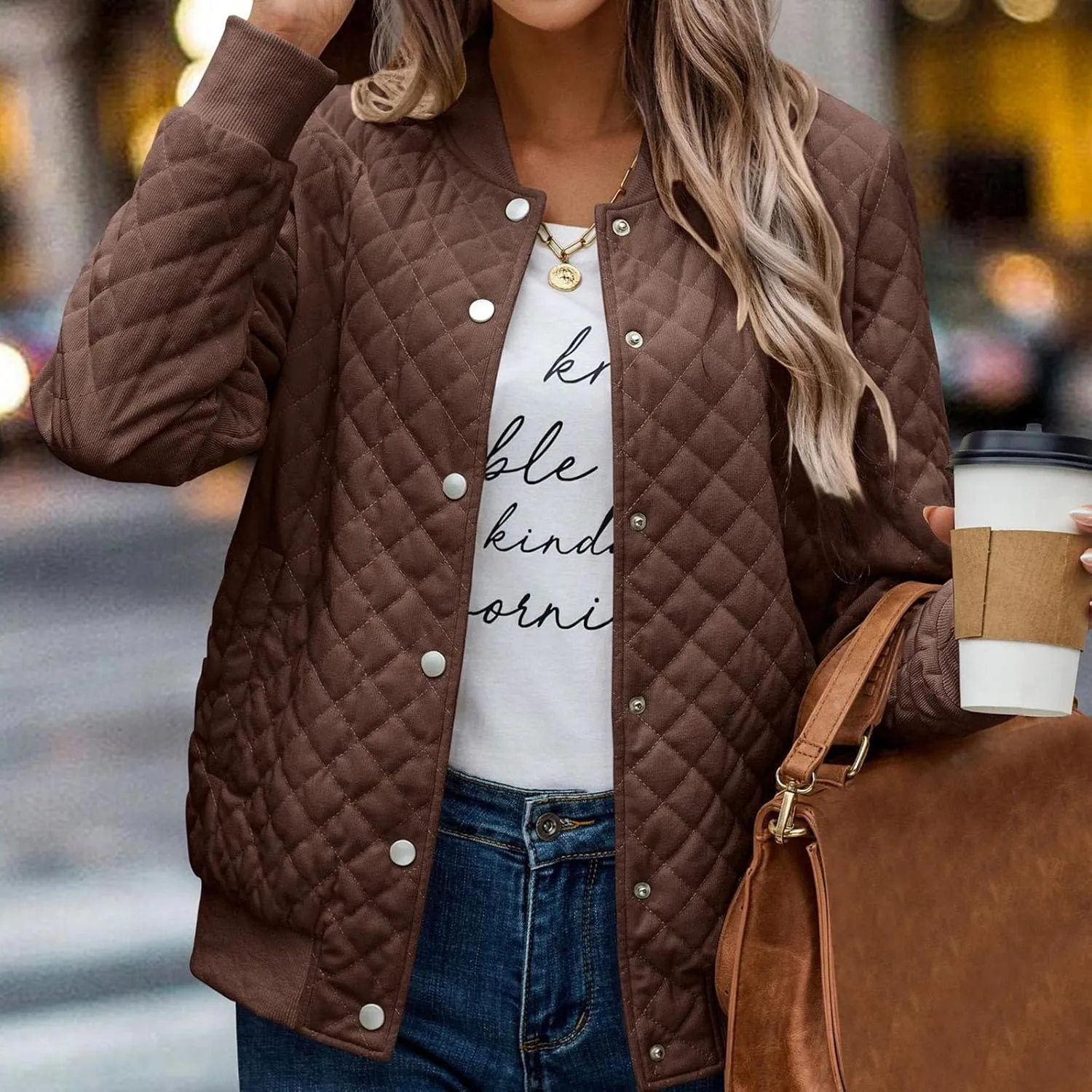 2023 Women's Bomber Jacket Winter Trendy Coats Casual Baseball Coat Button Up Outerwear Lightweight Windbreaker with Pockets