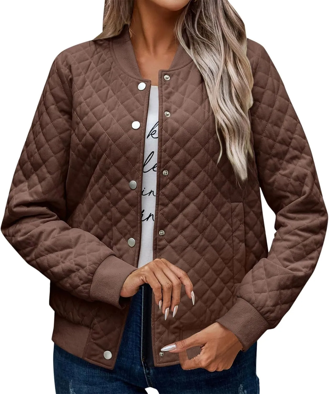 2023 Women's Bomber Jacket Winter Trendy Coats Casual Baseball Coat Button Up Outerwear Lightweight Windbreaker with Pockets