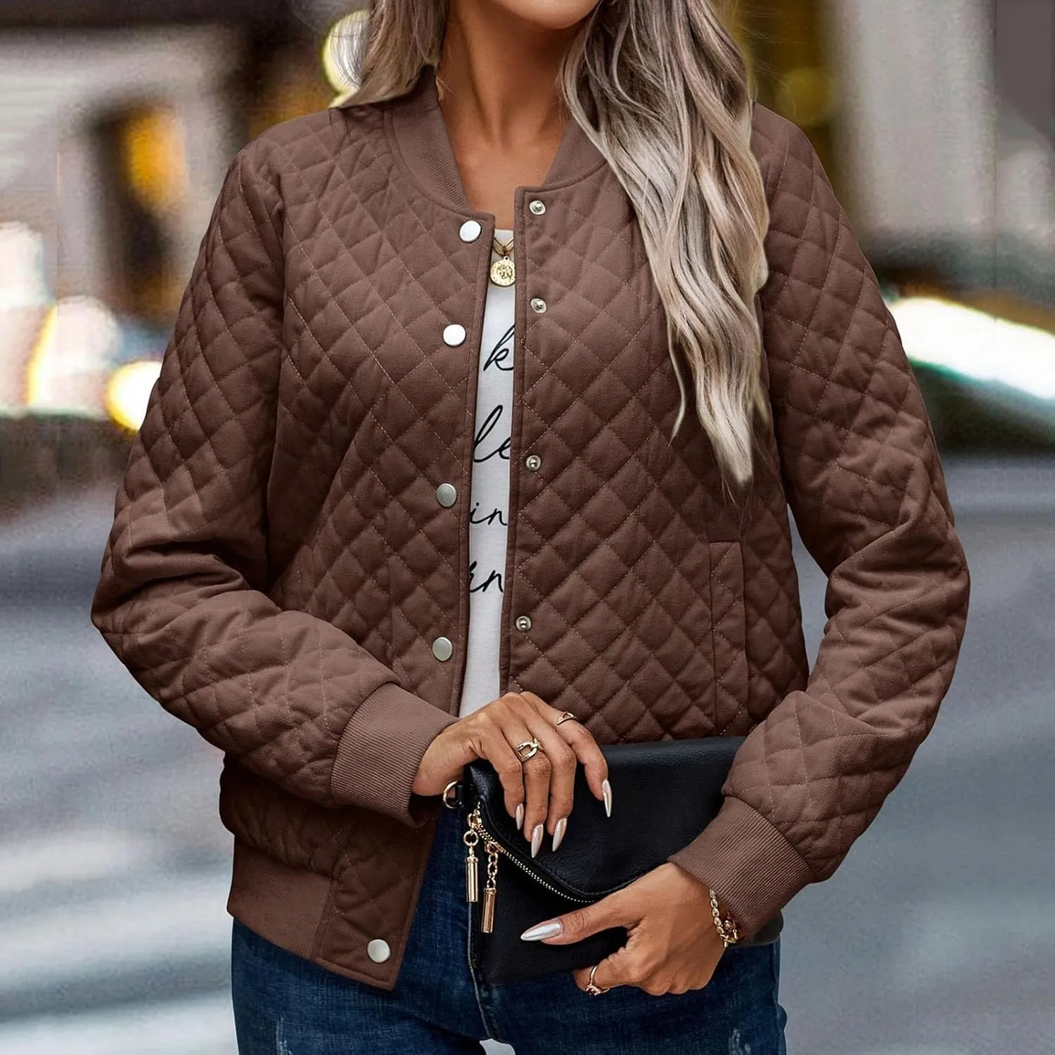 2023 Women's Bomber Jacket Winter Trendy Coats Casual Baseball Coat Button Up Outerwear Lightweight Windbreaker with Pockets