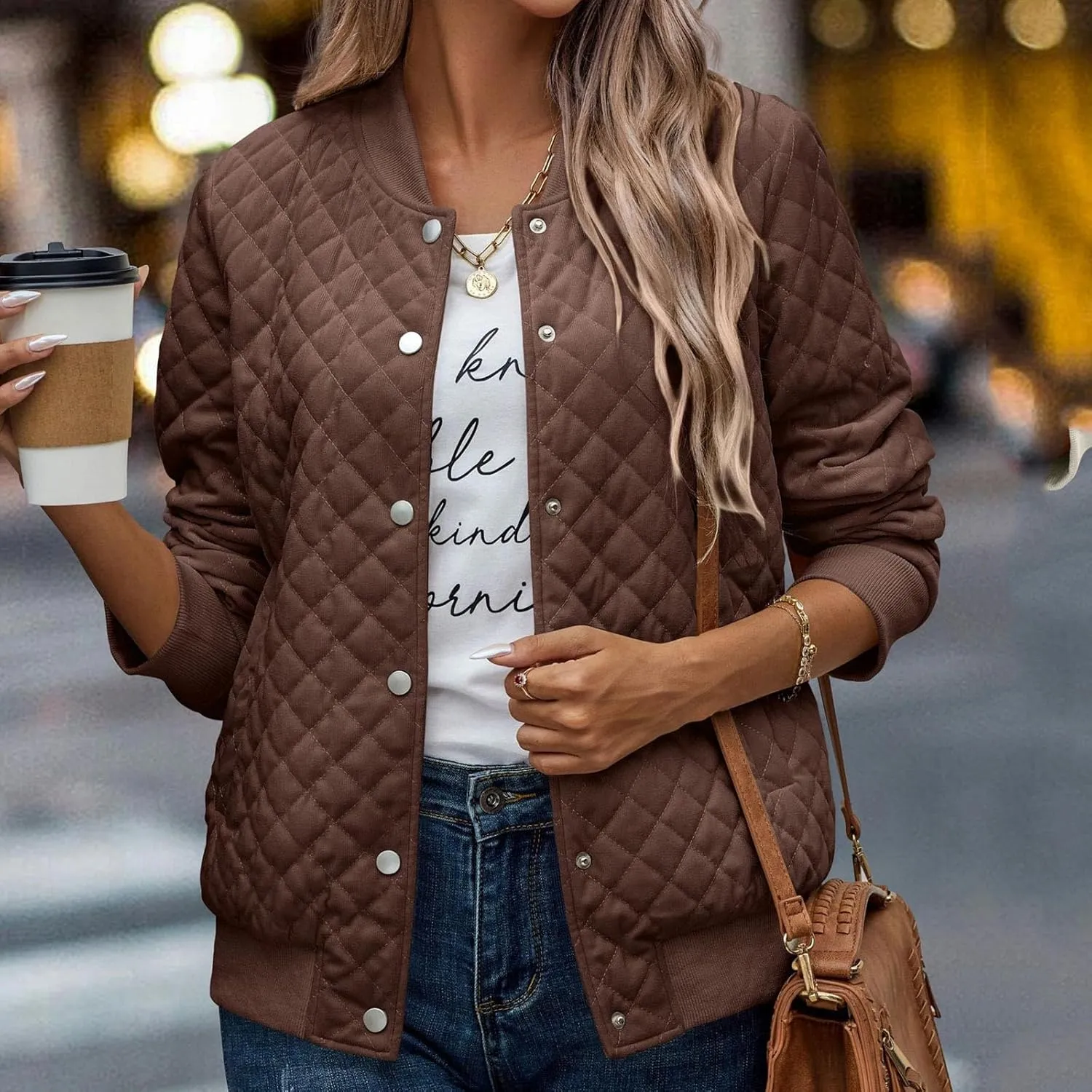 2023 Women's Bomber Jacket Winter Trendy Coats Casual Baseball Coat Button Up Outerwear Lightweight Windbreaker with Pockets