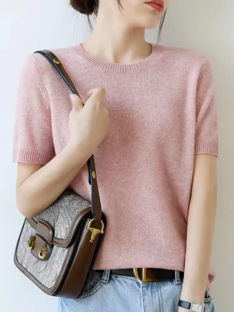 2025 Summer Fall Women's Short Sleeve Sweaters Crew Neck Solid Color Pullover Sweater Lightweight Soft Knitted T-Shirt Tops