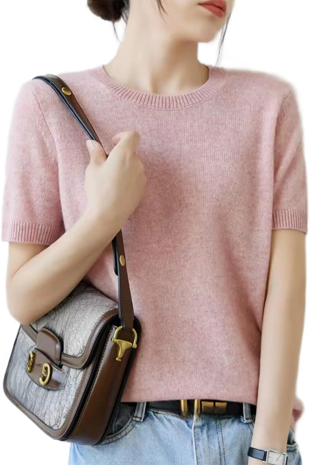 2025 Summer Fall Women's Short Sleeve Sweaters Crew Neck Solid Color Pullover Sweater Lightweight Soft Knitted T-Shirt Tops