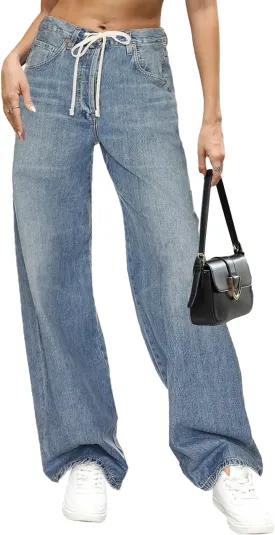 Allimy Womens Drawstring High Waist Wide Leg Jeans Straight Leg Washed Denim Jeans Pants