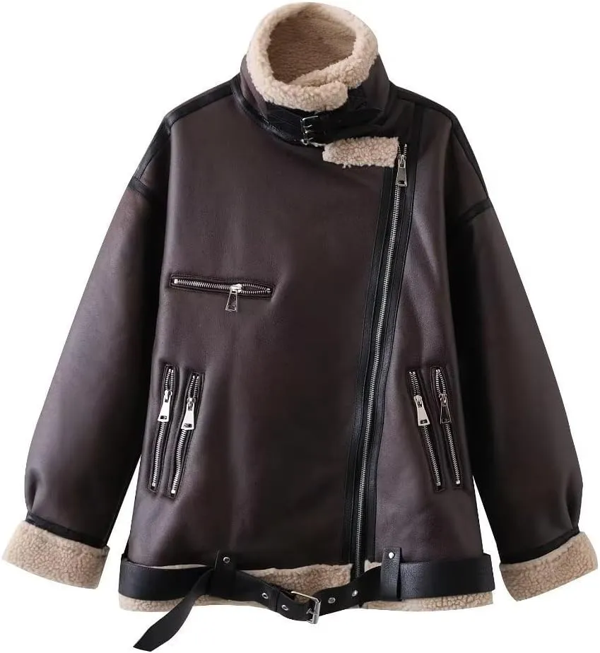 Aonoapll Women Faux Leather Sherpa Moto Jacket Lapel Fleece Lining Crop Leather Coat Y2k Shearling Bomber Jacket Streetwear