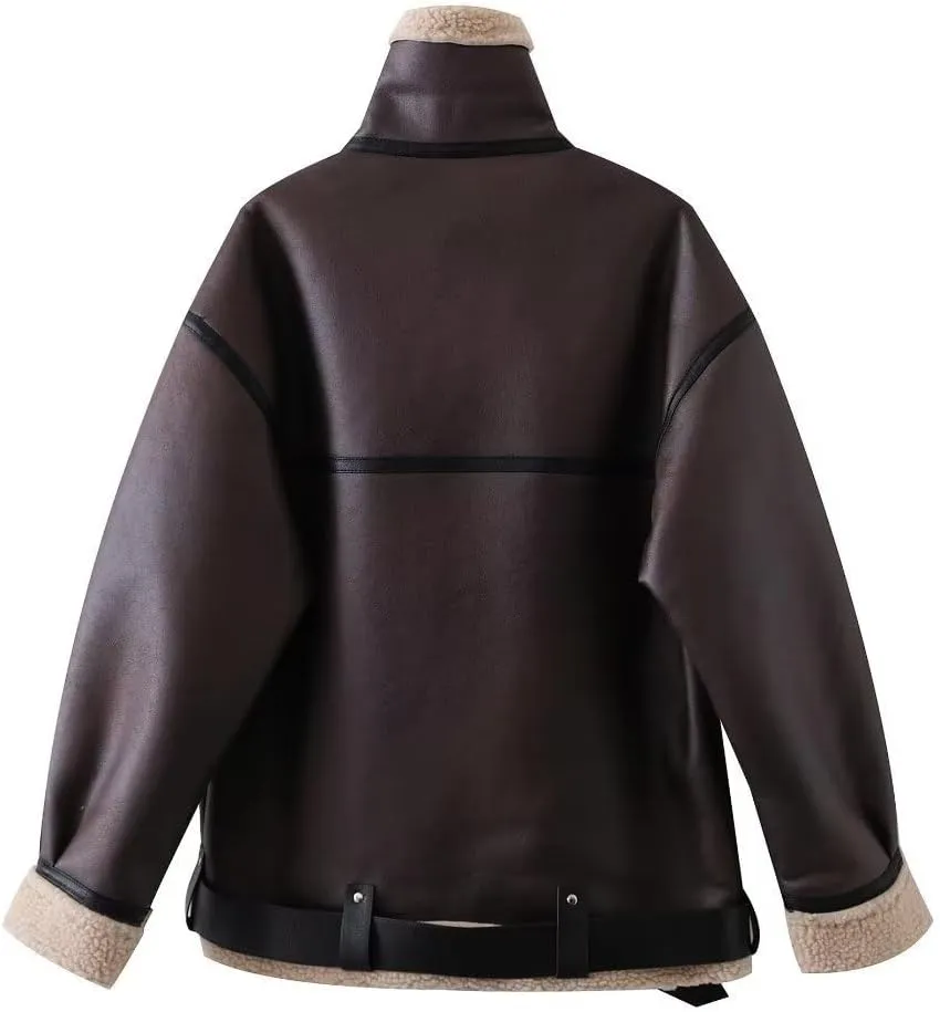 Aonoapll Women Faux Leather Sherpa Moto Jacket Lapel Fleece Lining Crop Leather Coat Y2k Shearling Bomber Jacket Streetwear