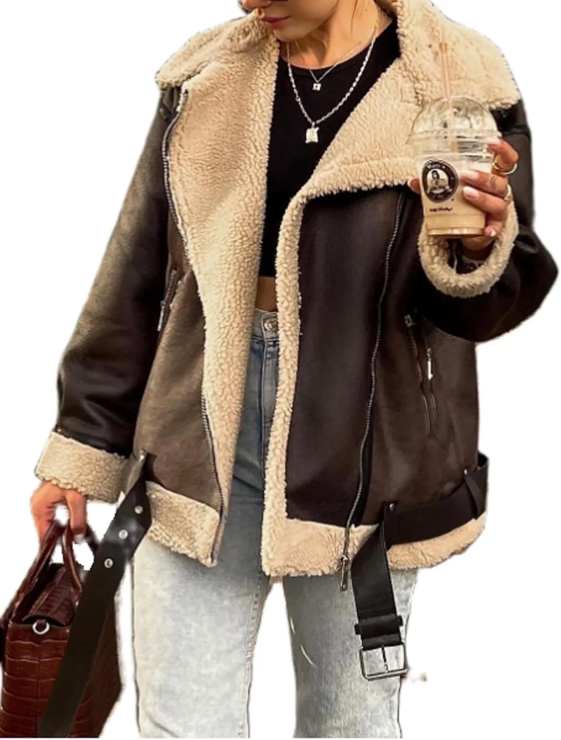 Aonoapll Women Faux Leather Sherpa Moto Jacket Lapel Fleece Lining Crop Leather Coat Y2k Shearling Bomber Jacket Streetwear