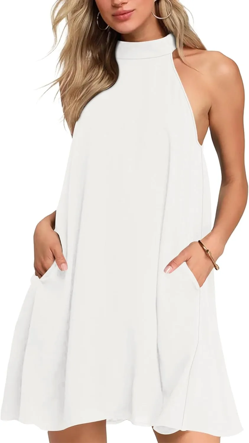 AUSELILY Womens Summer Dress Sleeveless Halter Neck Beach Dress Casual Sundresses with Pockets