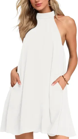 AUSELILY Womens Summer Dress Sleeveless Halter Neck Beach Dress Casual Sundresses with Pockets