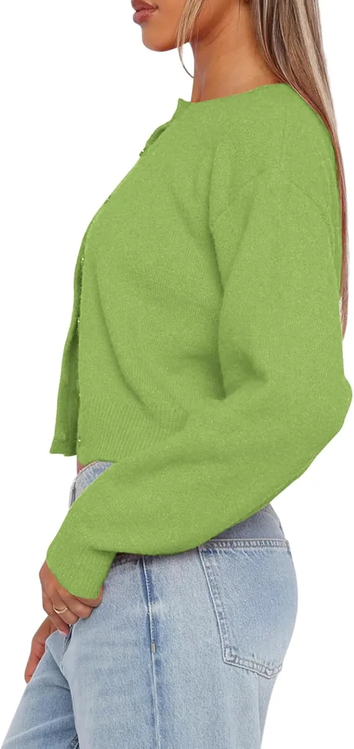 Balimtoy Women's Cropped Cardigan Sweaters Long Sleeve Button Down Sweaters Knit Cardigan Cute Y2k Open Front Crop Top
