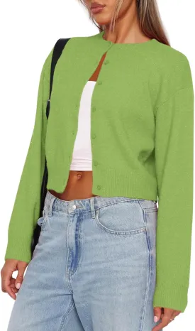 Balimtoy Women's Cropped Cardigan Sweaters Long Sleeve Button Down Sweaters Knit Cardigan Cute Y2k Open Front Crop Top