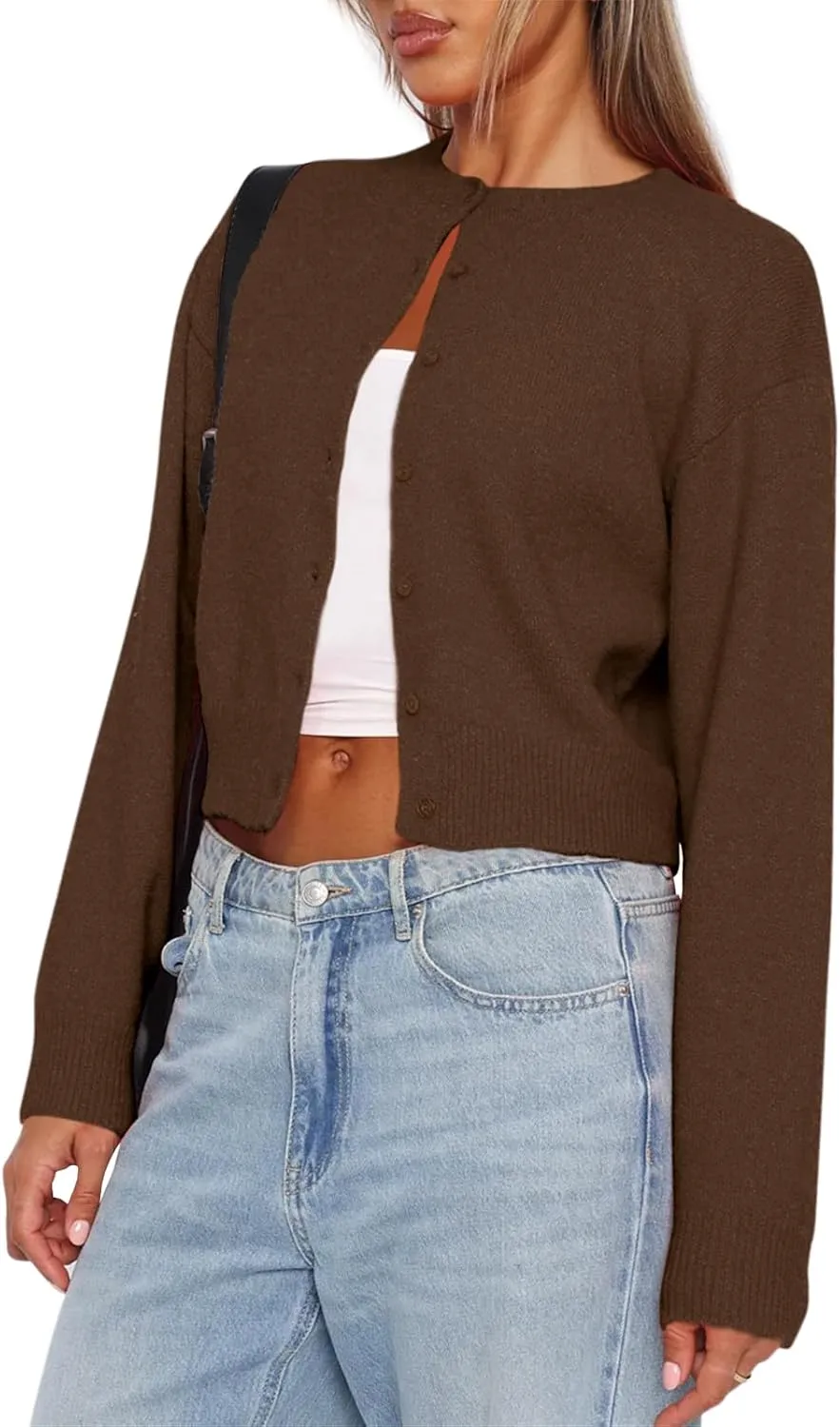 Balimtoy Women's Cropped Cardigan Sweaters Long Sleeve Button Down Sweaters Knit Cardigan Cute Y2k Open Front Crop Top