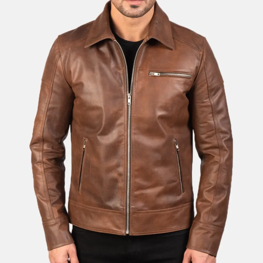 BIKER-1448 MUSH Brown Leather Biker Jacket