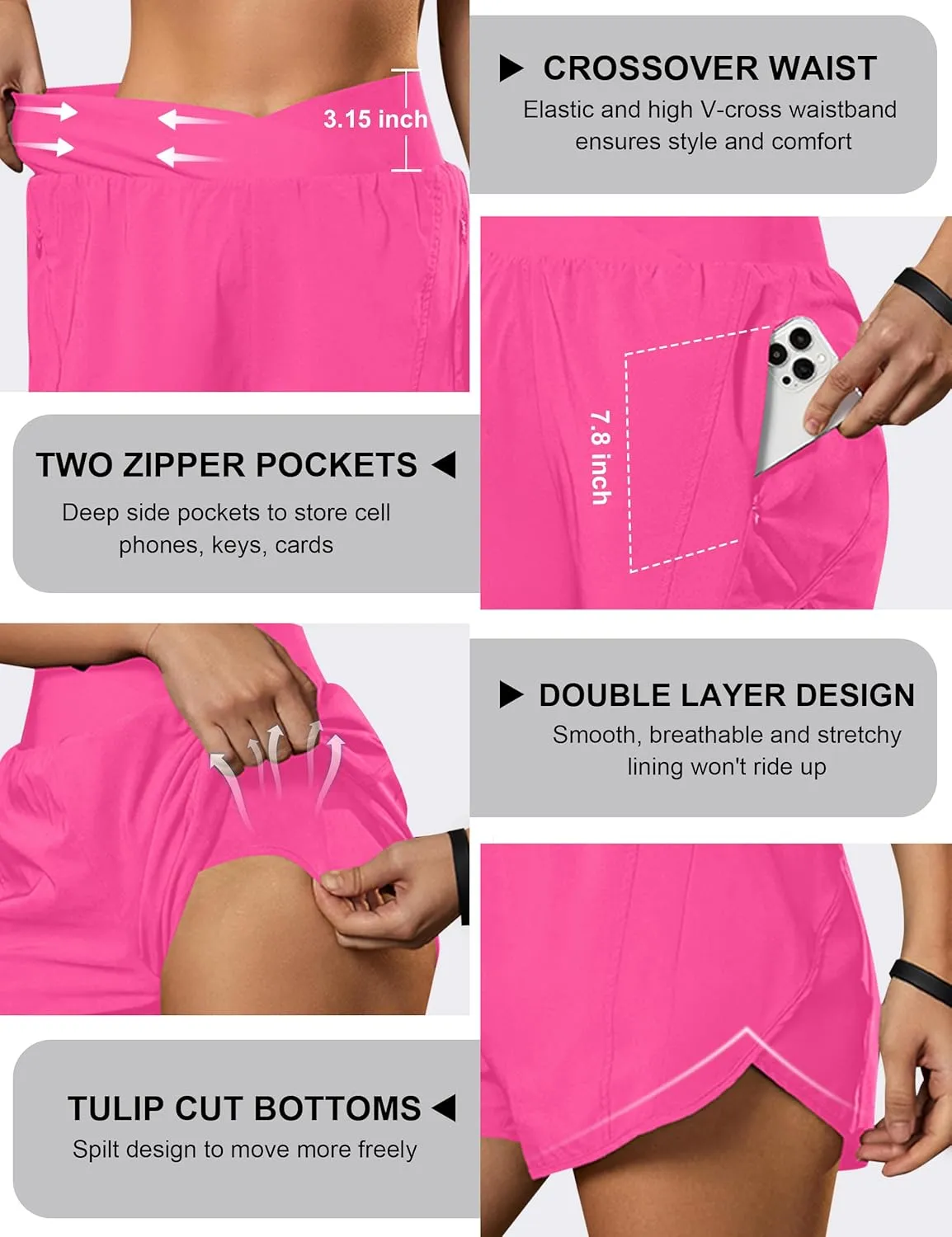 Blooming Jelly Women's Workout Shorts Athletic Running Shorts Crossover High Waisted Gym Shorts with Zipper Pockets