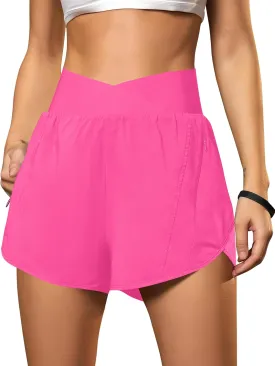 Blooming Jelly Women's Workout Shorts Athletic Running Shorts Crossover High Waisted Gym Shorts with Zipper Pockets