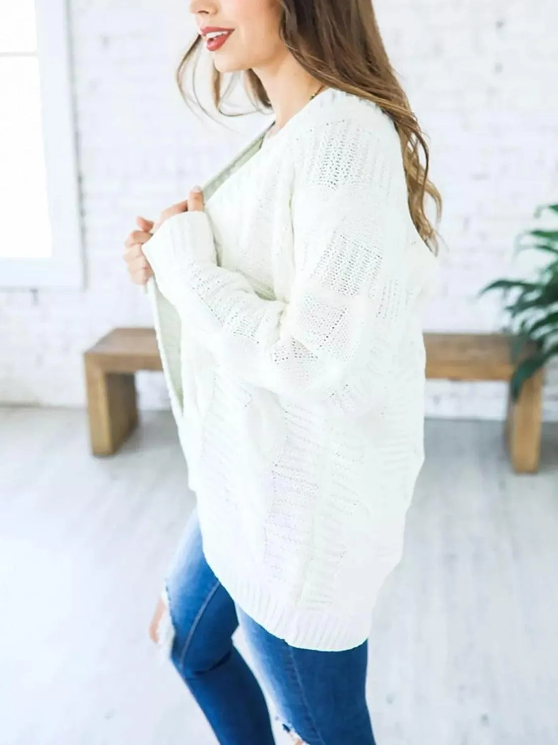 Cable-Knit Cardigan Open Front Long Sleeve Knitwear