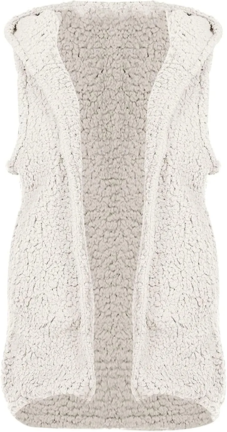 Cardigan for Women Fuzzy Fleece Hooded Sherpa Jackets Open Front Sleeveless Sweater Vest Warm Quilted Coat Pockets