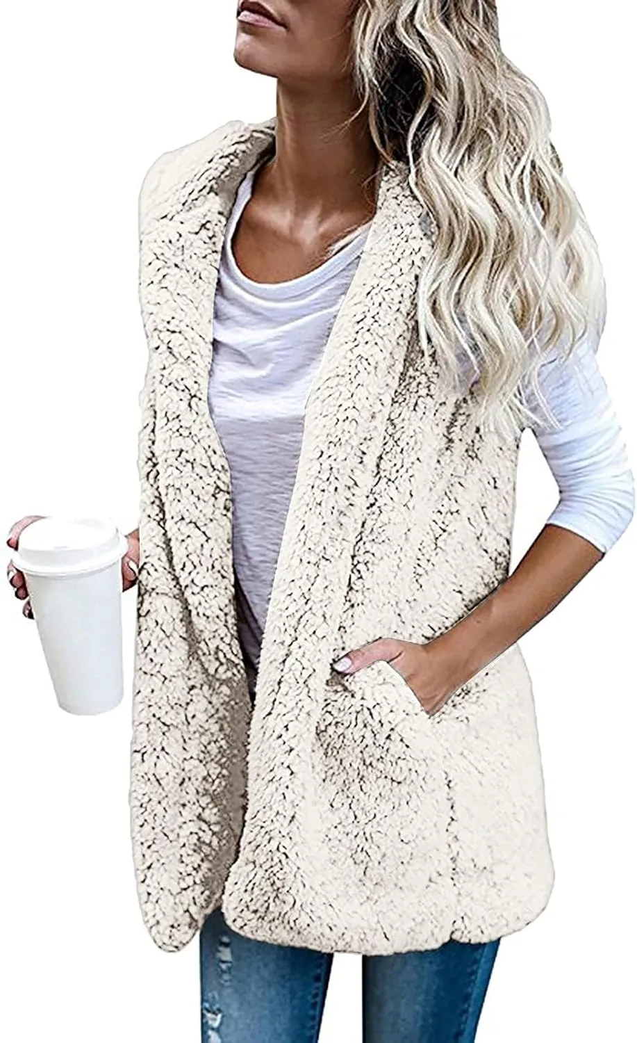 Cardigan for Women Fuzzy Fleece Hooded Sherpa Jackets Open Front Sleeveless Sweater Vest Warm Quilted Coat Pockets