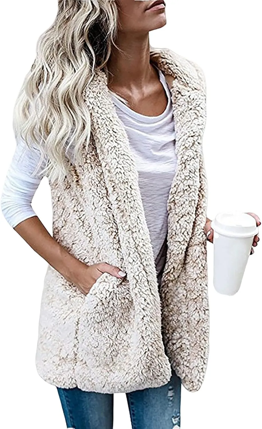 Cardigan for Women Fuzzy Fleece Hooded Sherpa Jackets Open Front Sleeveless Sweater Vest Warm Quilted Coat Pockets