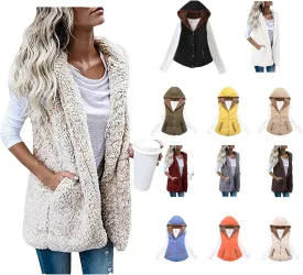 Cardigan for Women Fuzzy Fleece Hooded Sherpa Jackets Open Front Sleeveless Sweater Vest Warm Quilted Coat Pockets