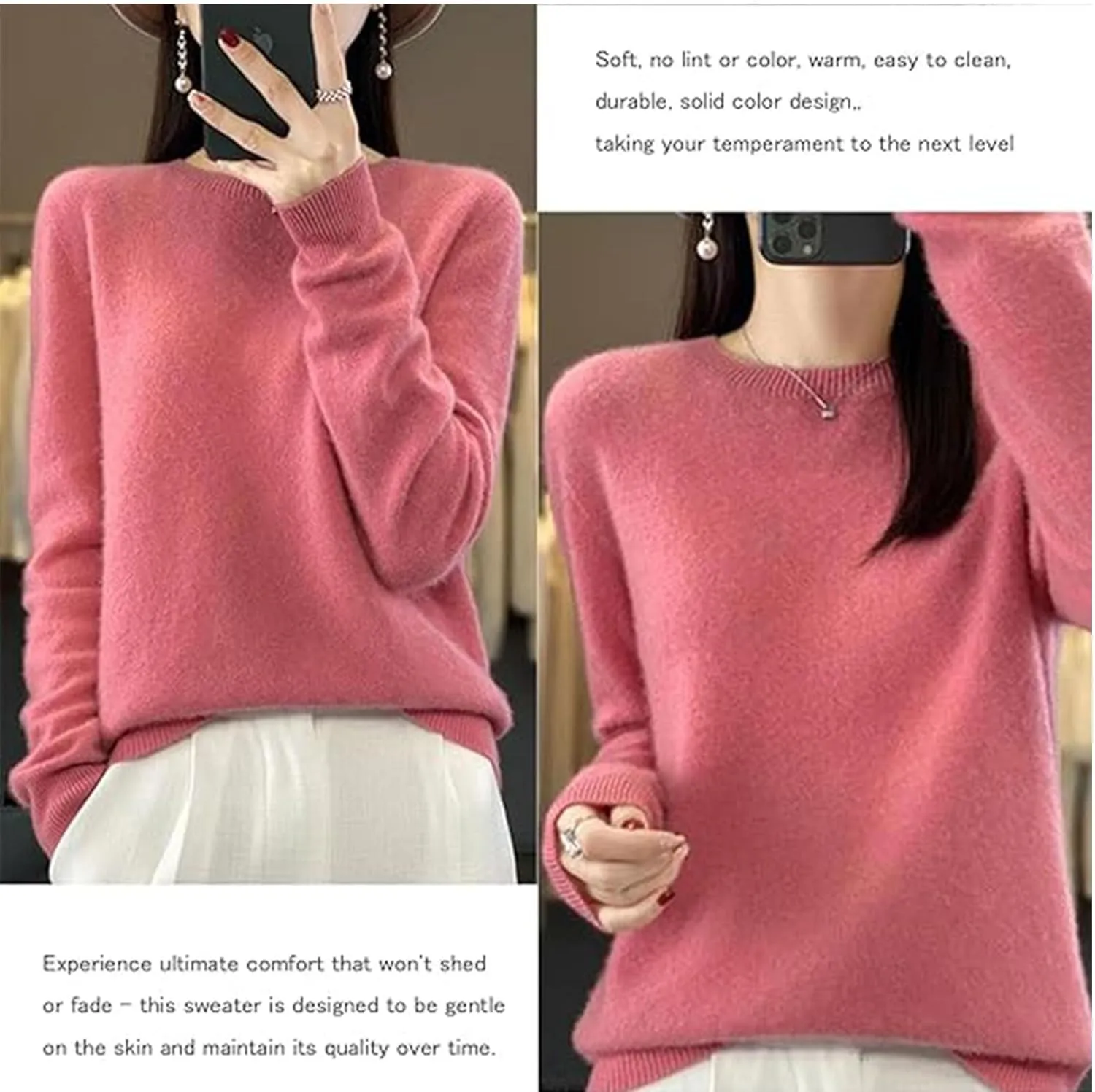Cashmere Sweater for Women - Crew Neck Long Sleeve Soft Pullover