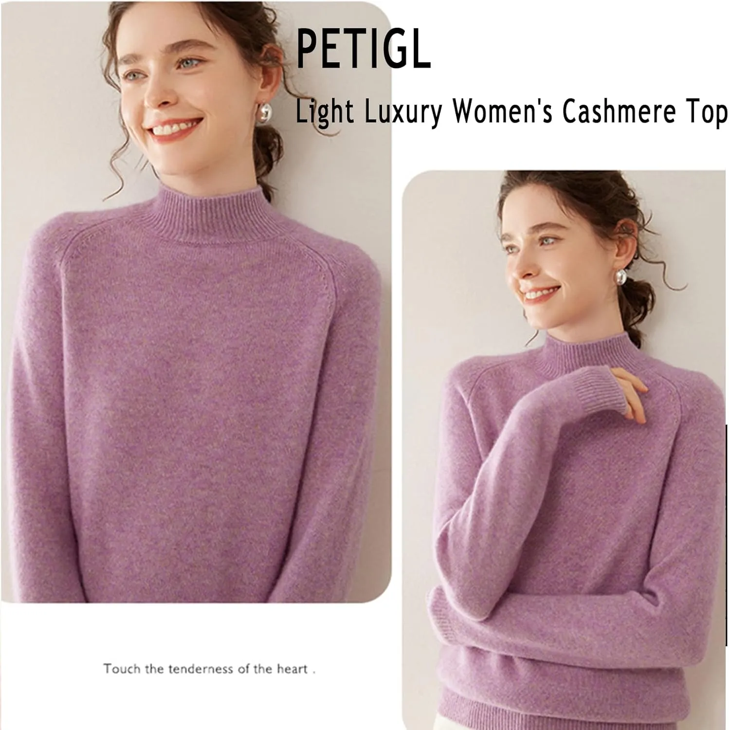 Cashmere Sweaters for Women, 100% Cashmere Half Turtleneck Warm Light Long Sleeve Crew Neck Soft Pullover Sweater
