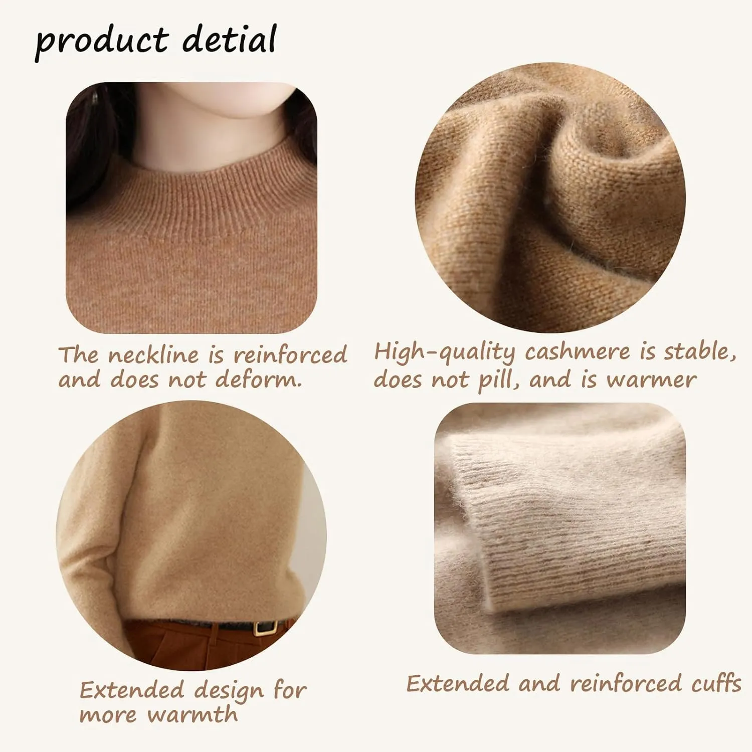 Cashmere Sweaters for Women, 100% Cashmere Half Turtleneck Warm Light Long Sleeve Crew Neck Soft Pullover Sweater