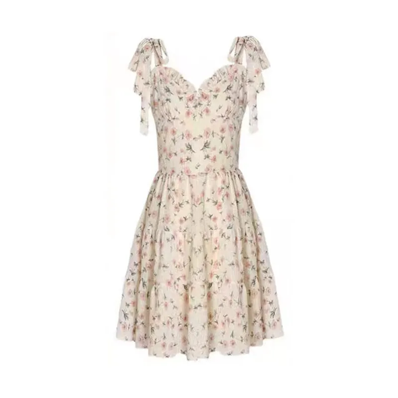 Casual Beach Straps Dress Women Slim  Summer Sweet Elegant Y2k Mini Dress Fairy Sleeveless Floral One Piece Dress Korean