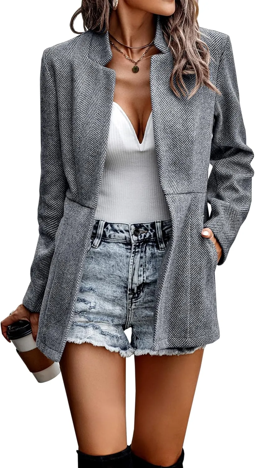 CCTOO Women's Coat Casual Open Front Blazer Long Sleeve Stand Collar Solid Trench Business Work Office Jacket Outwear