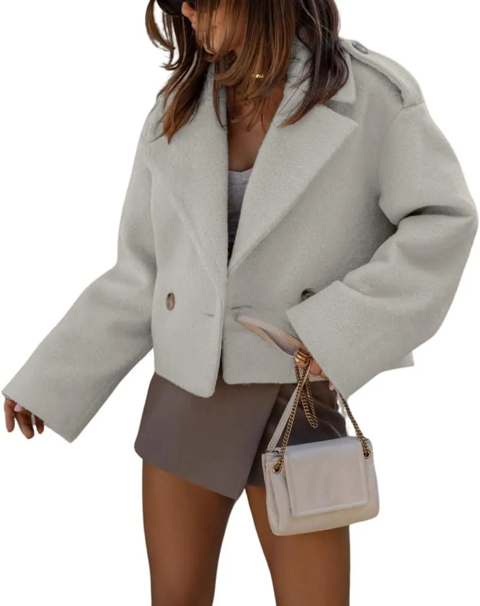 CHARTOU Women Crop Pea Coat Wool Blend Office Work Lapel Collar Short Winter Jacket Trench Coat