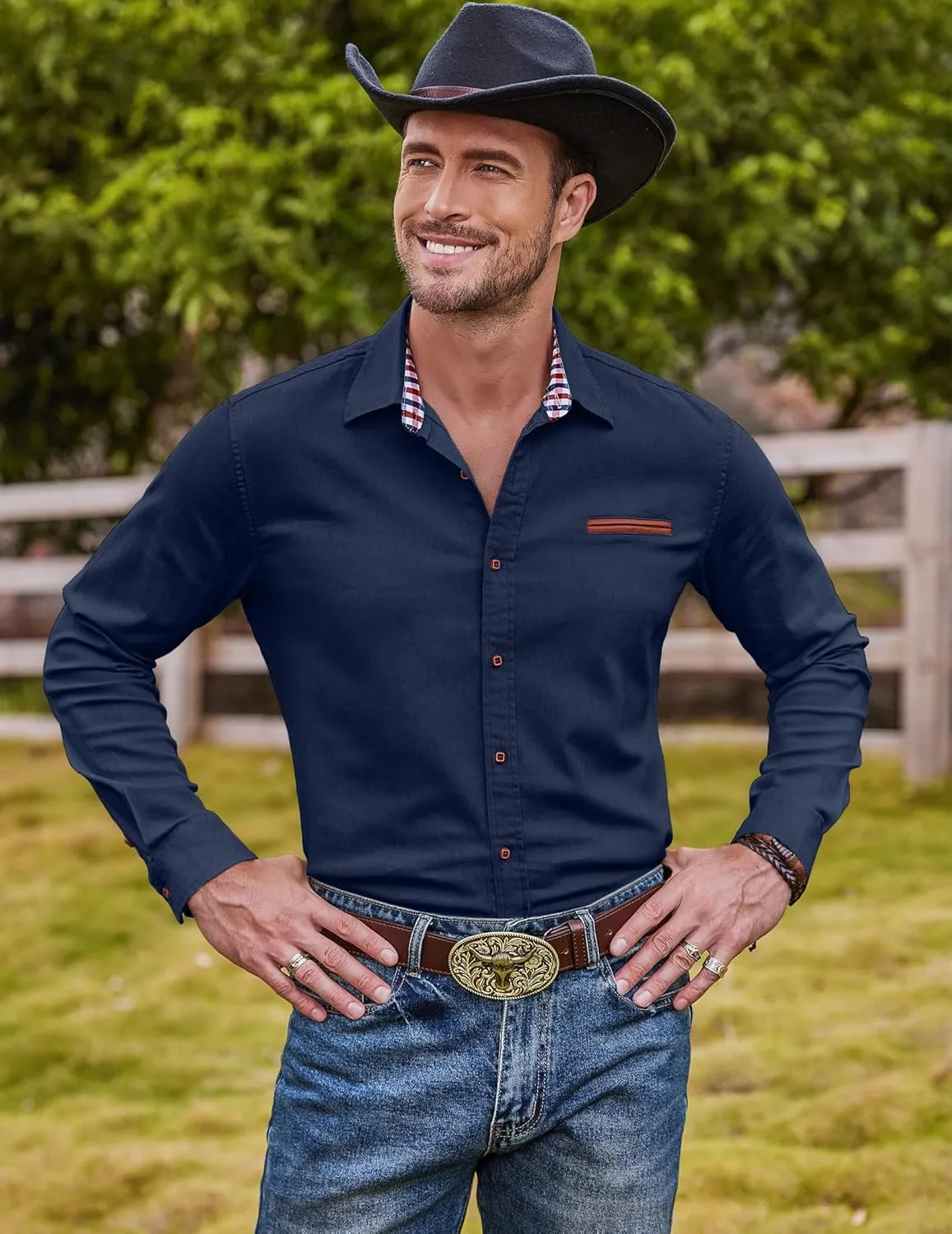 COOFANDY Men's Casual Dress Shirt Button Down Shirts Long-Sleeve Plaid Collar Denim Work Shirt