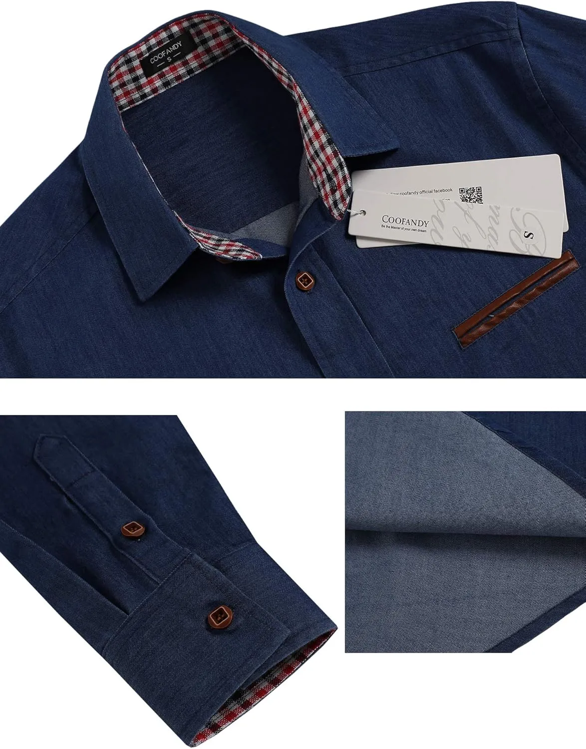 COOFANDY Men's Casual Dress Shirt Button Down Shirts Long-Sleeve Plaid Collar Denim Work Shirt