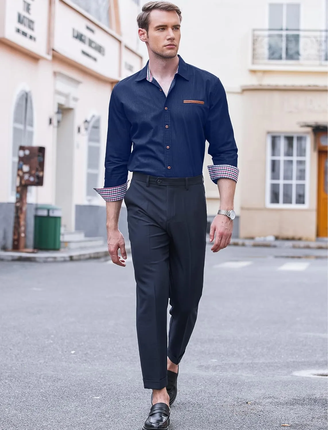COOFANDY Men's Casual Dress Shirt Button Down Shirts Long-Sleeve Plaid Collar Denim Work Shirt