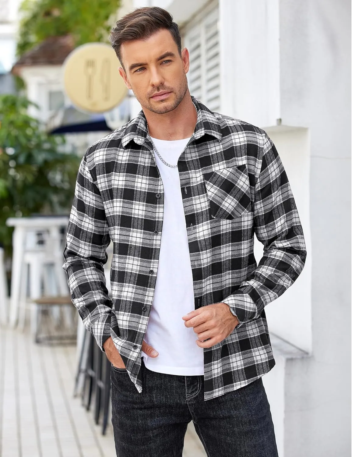 COOFANDY Men's Flannel Shirts Long Sleeve Button Down Plaid Shirt Lightweight Shirt Jacket