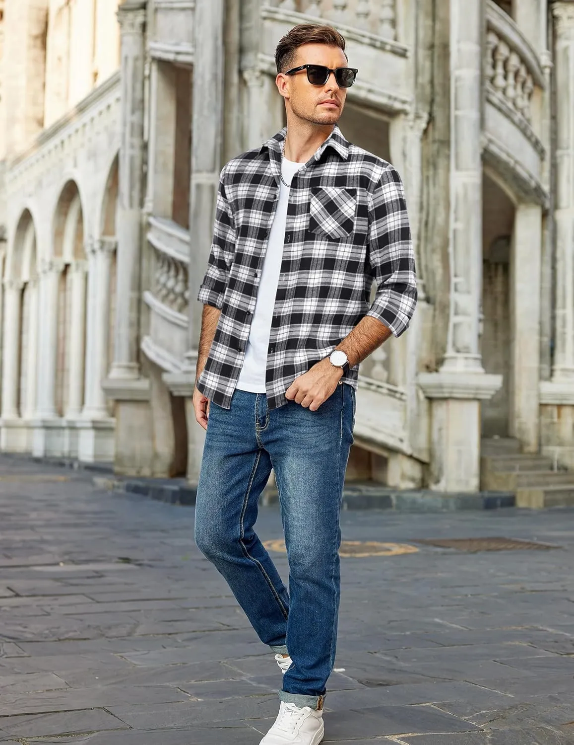 COOFANDY Men's Flannel Shirts Long Sleeve Button Down Plaid Shirt Lightweight Shirt Jacket