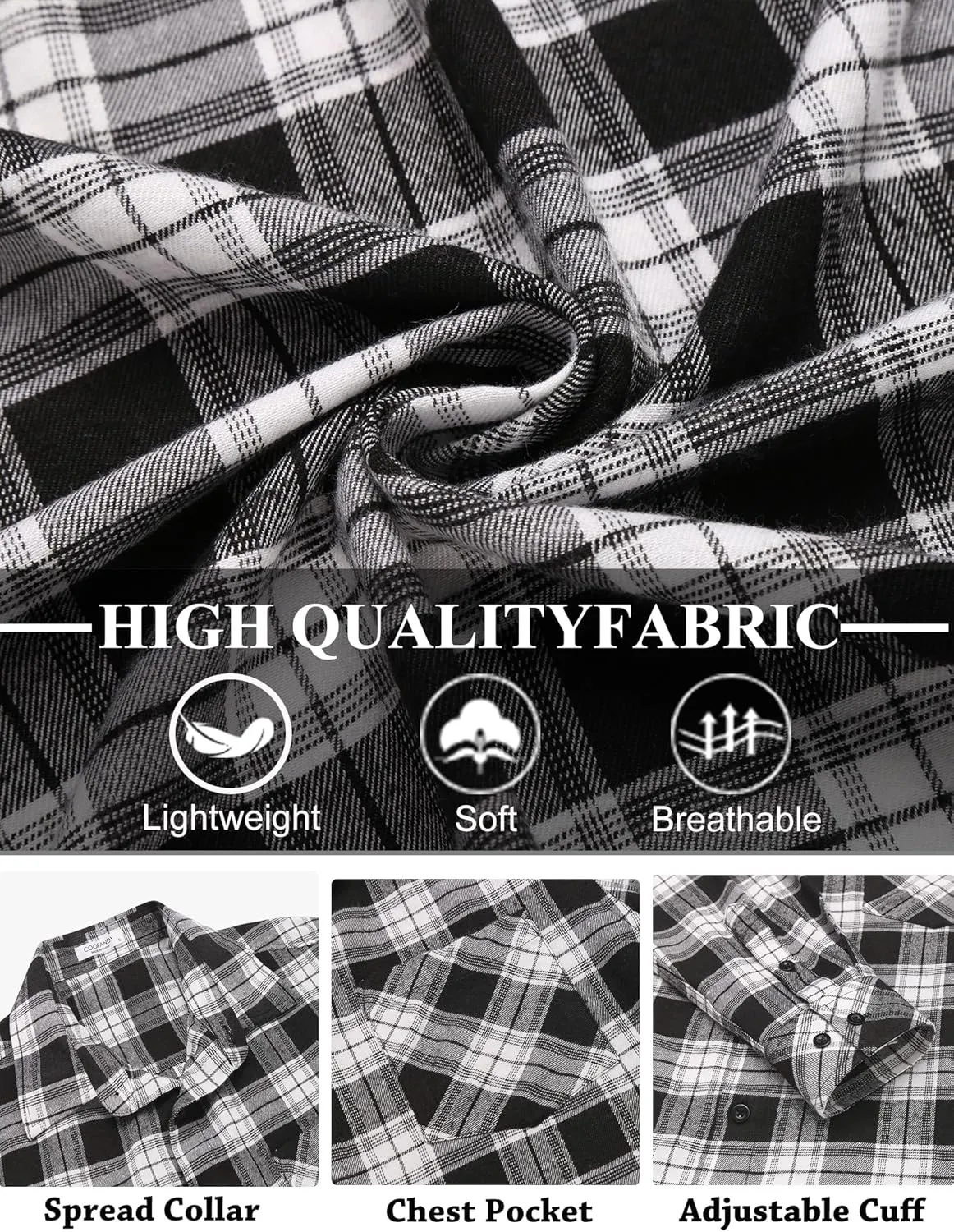 COOFANDY Men's Flannel Shirts Long Sleeve Button Down Plaid Shirt Lightweight Shirt Jacket