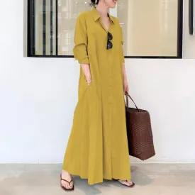 Cotton linen dress for women summer lapel long sleeve pocket Large size Cotton linen dress simple loose casual long shirt dress