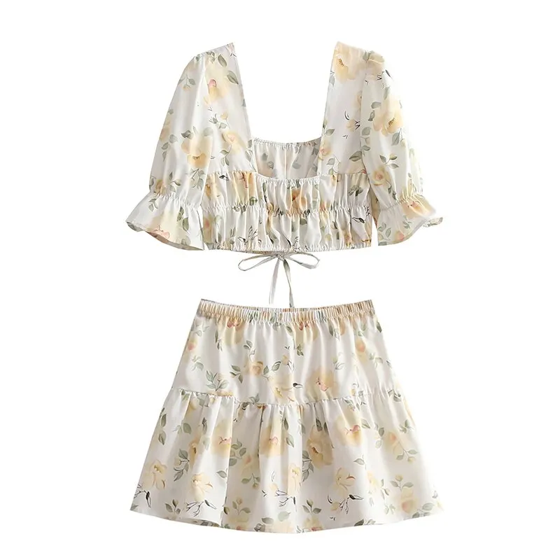 deanwangkt Retro Floral Print Women Summer Boho Dress Set Suits Vintage Blouse Two Pieces Matching Sets White Beach Mini Dress