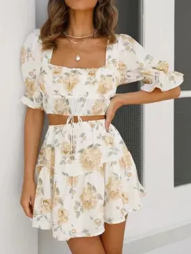 deanwangkt Retro Floral Print Women Summer Boho Dress Set Suits Vintage Blouse Two Pieces Matching Sets White Beach Mini Dress