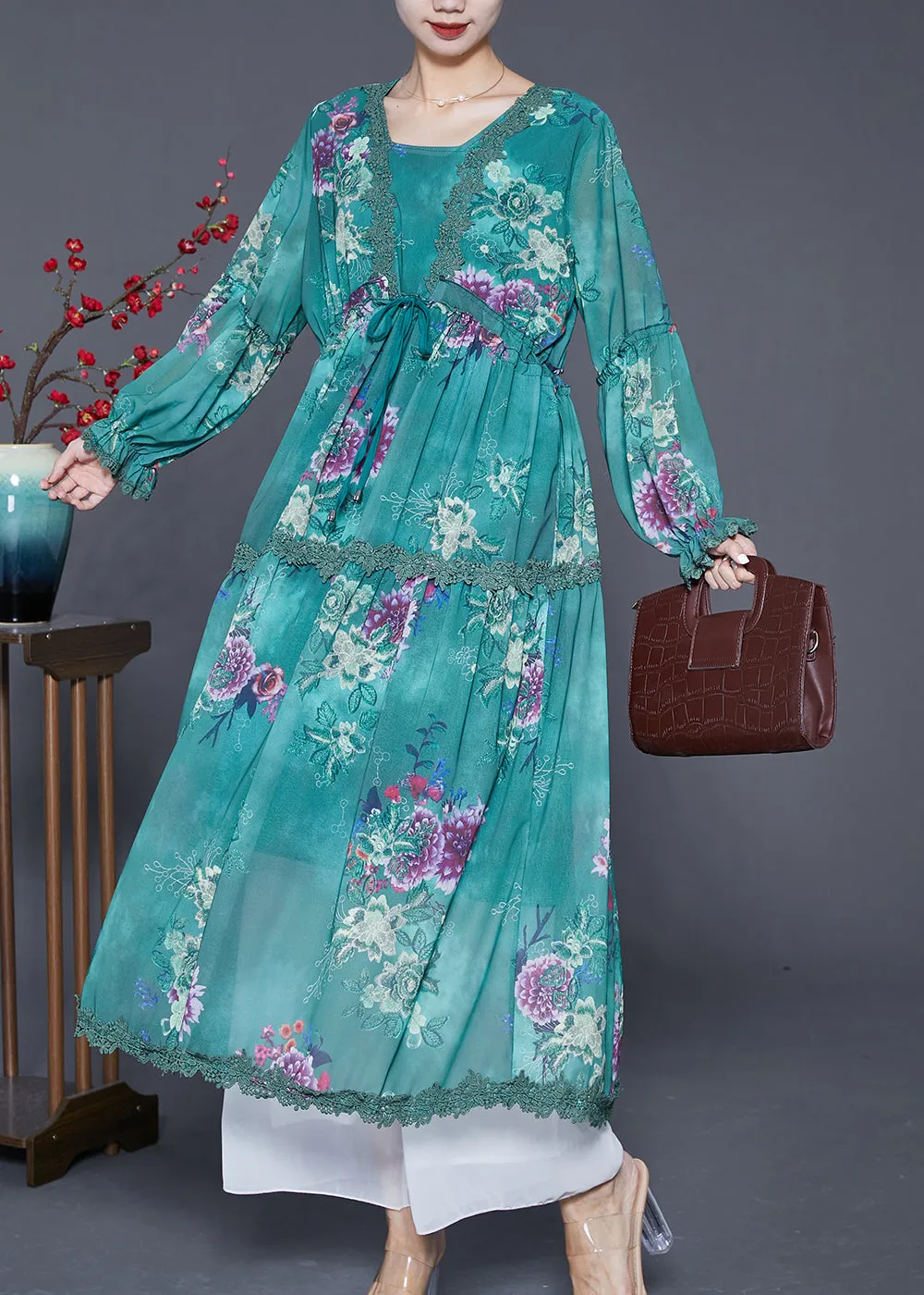 Elegant Blackish Green Cinched Patchwork Exra Large Hem Chiffon Beach Dress Summer LY6570