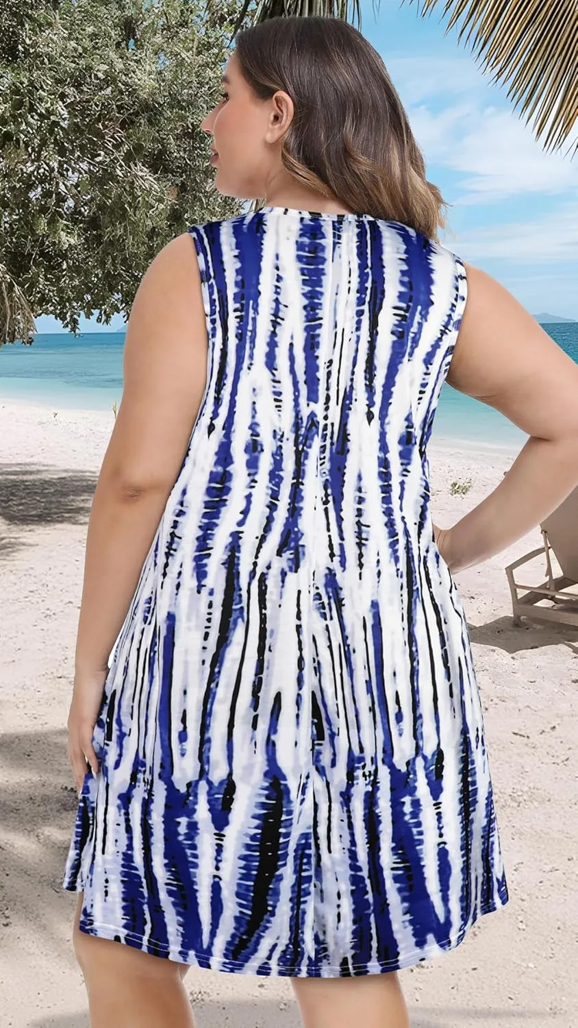 elescat Plus Size Summer Dresses for Women Sleeveless Pockets Beach Tshirt Tank Sundress