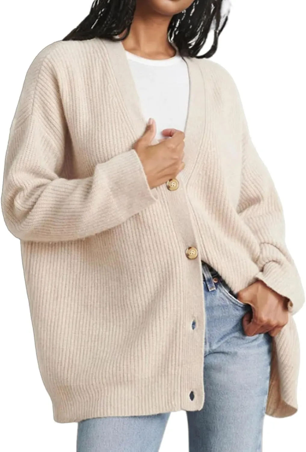 Emcak Cashmere Cocoon Cardigan, Oversized Open Front Cardigan for Women (Beige, S)