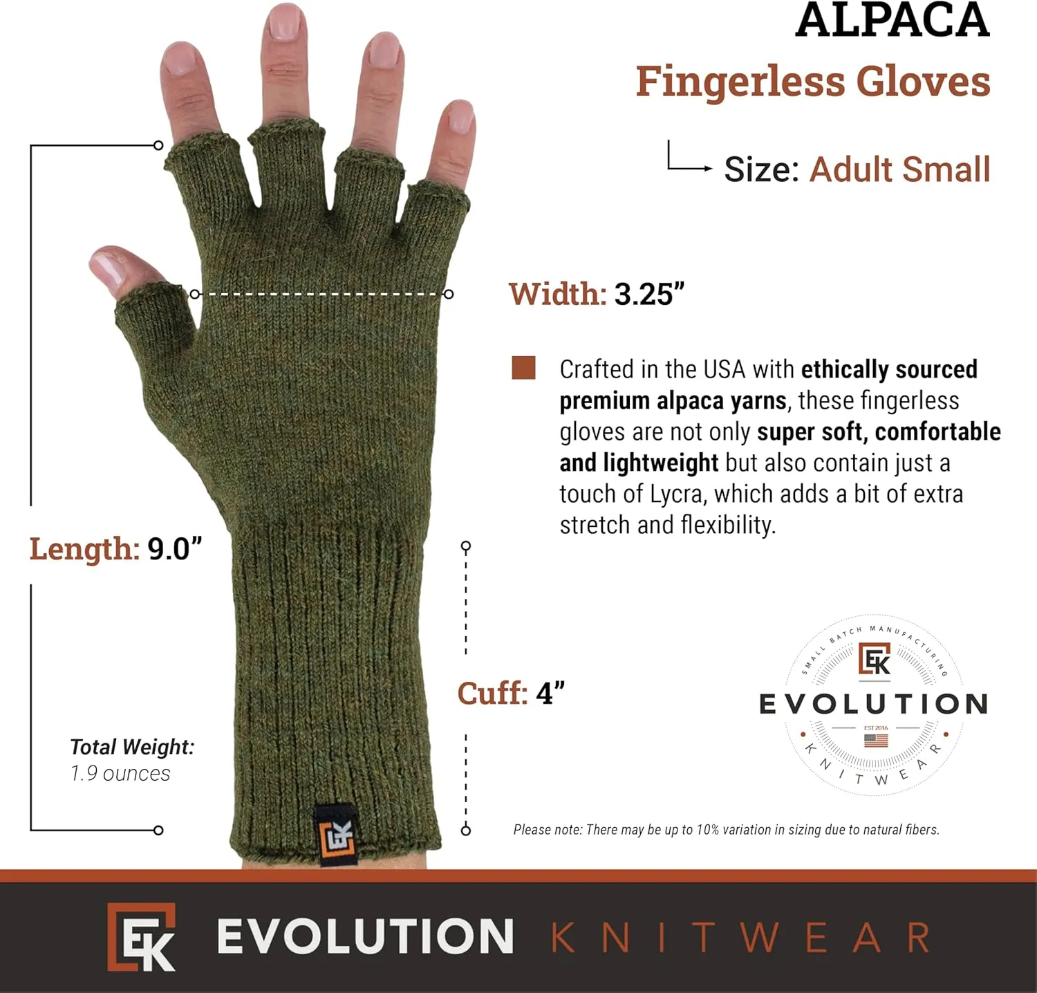 Evolution Knitwear Alpaca Knit Fingerless Gloves for Women - Super Soft Baby Alpaca - Made in the USA - Small