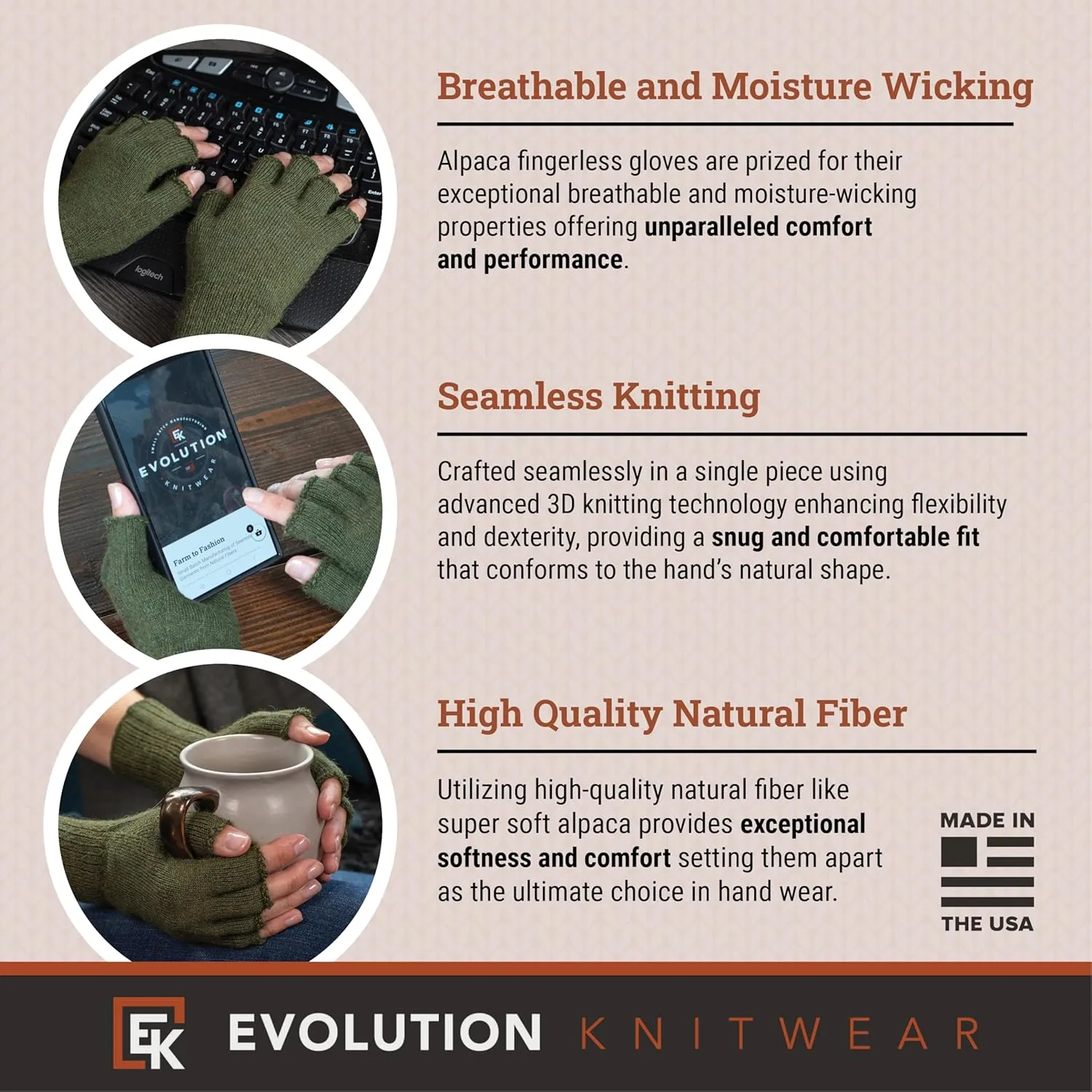 Evolution Knitwear Alpaca Knit Fingerless Gloves for Women - Super Soft Baby Alpaca - Made in the USA - Small