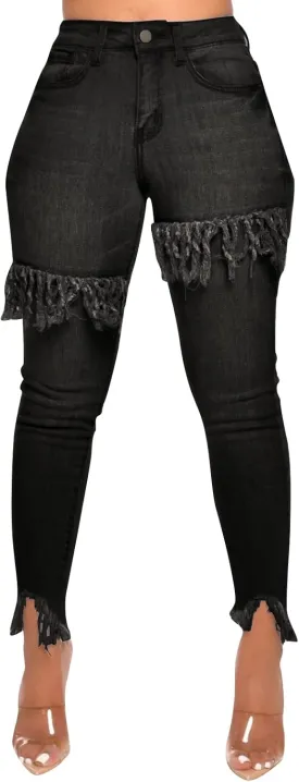 FairBeauty Women's Skinny Stretch Jeans Frayed Raw Hem Slim Fit Jeans Ripped Denim Pants