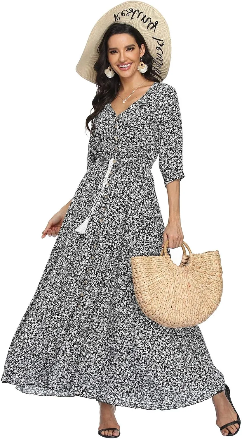 Ferrendo Women's Floral Maxi Dress Button Up Split Flowy Bohemian Party Beach Dresses
