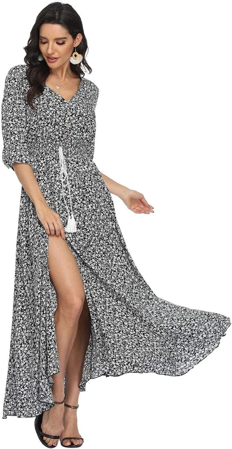 Ferrendo Women's Floral Maxi Dress Button Up Split Flowy Bohemian Party Beach Dresses
