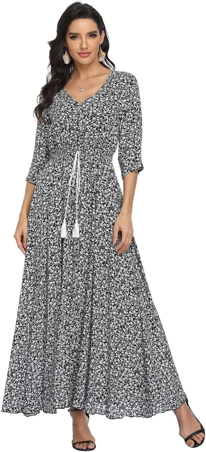 Ferrendo Women's Floral Maxi Dress Button Up Split Flowy Bohemian Party Beach Dresses