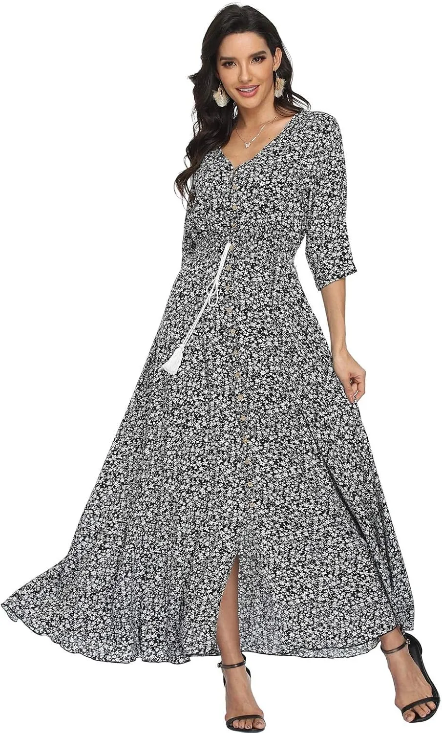 Ferrendo Women's Floral Maxi Dress Button Up Split Flowy Bohemian Party Beach Dresses
