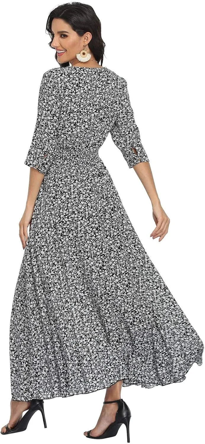 Ferrendo Women's Floral Maxi Dress Button Up Split Flowy Bohemian Party Beach Dresses