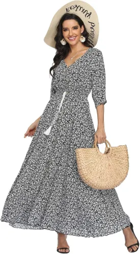 Ferrendo Women's Floral Maxi Dress Button Up Split Flowy Bohemian Party Beach Dresses